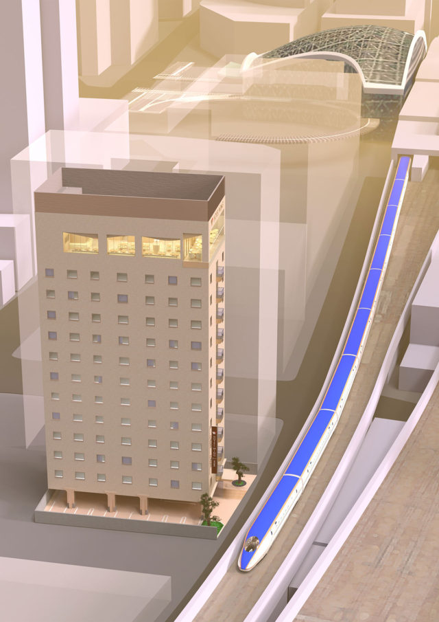 ホテルの外観パース・客室内装パースの作成 について。俯瞰（北陸新幹線と）。