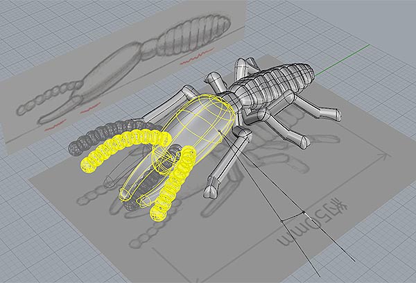 シロアリの3Dデータ作成 について。後で形を変えやすいように、触覚・頭部・胸部・腹部・足等のパーツに分けた状態でモデリング