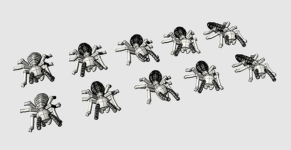シロアリの3Dデータ作成 について。職蟻もパーツごとに変形させ、5体のバリエーション+サイズ違いの計10体を作成