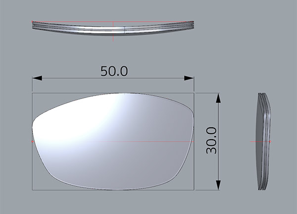 3Dデータ化した頭を元に、自分専用の眼鏡を作ってみる。レンズの三面図。