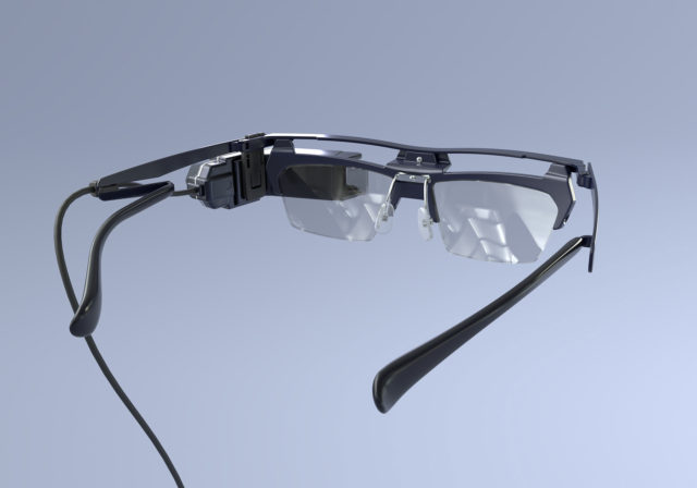 ヘッドマウントディスプレイ や デバイスメガネ ・ ウェアラブルデバイス のデザイン・開発について。 AiRScouter ユニットは、左右どちらにも装着が可能です（人によって利き目が異なるため）。
